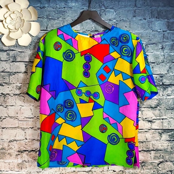 Vintage | Restless Clothiers 1980s Bold Geometric Silk Pop Art Blouse - Picture 1 of 12